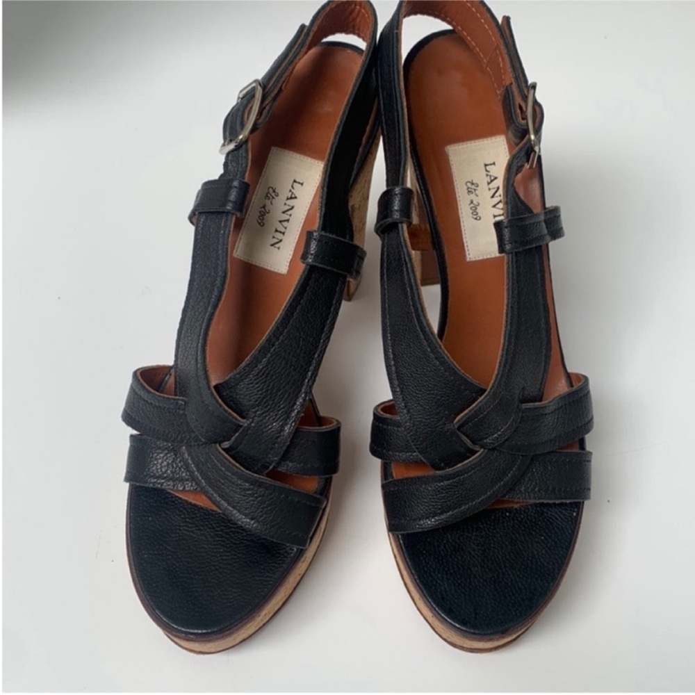Lanvin Ete 2009 Black Leather Cross Strap Cork Platform High Heel Sandals 39 1/2